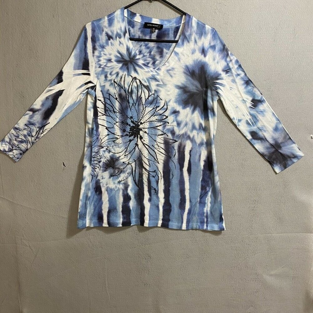 Level Eight Women's 3/4 Sleeve Embellish 100% Polyester Multi Shade Of Blue Sz M